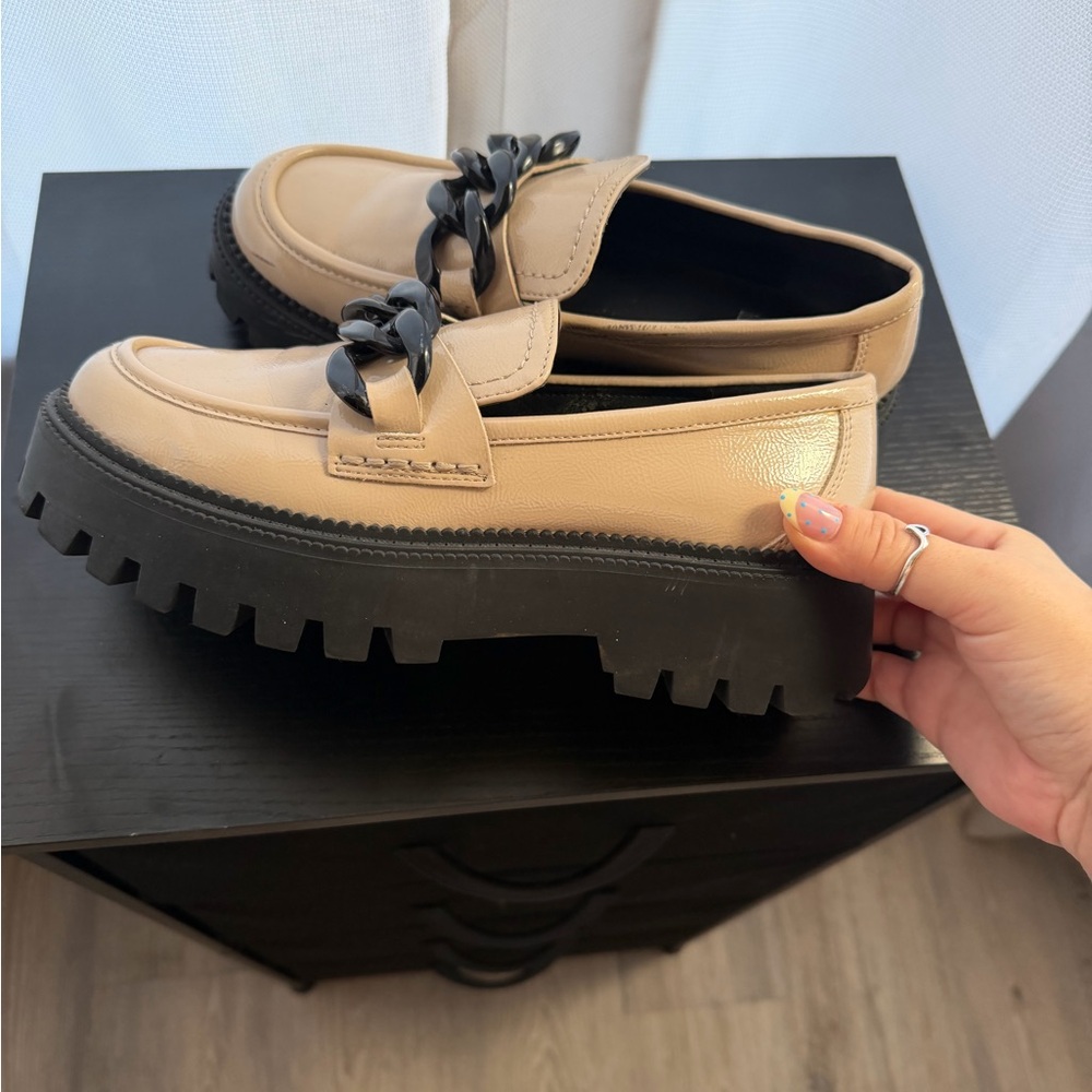 Chunky Platform Loafers in Taupe with Black Chain Detail